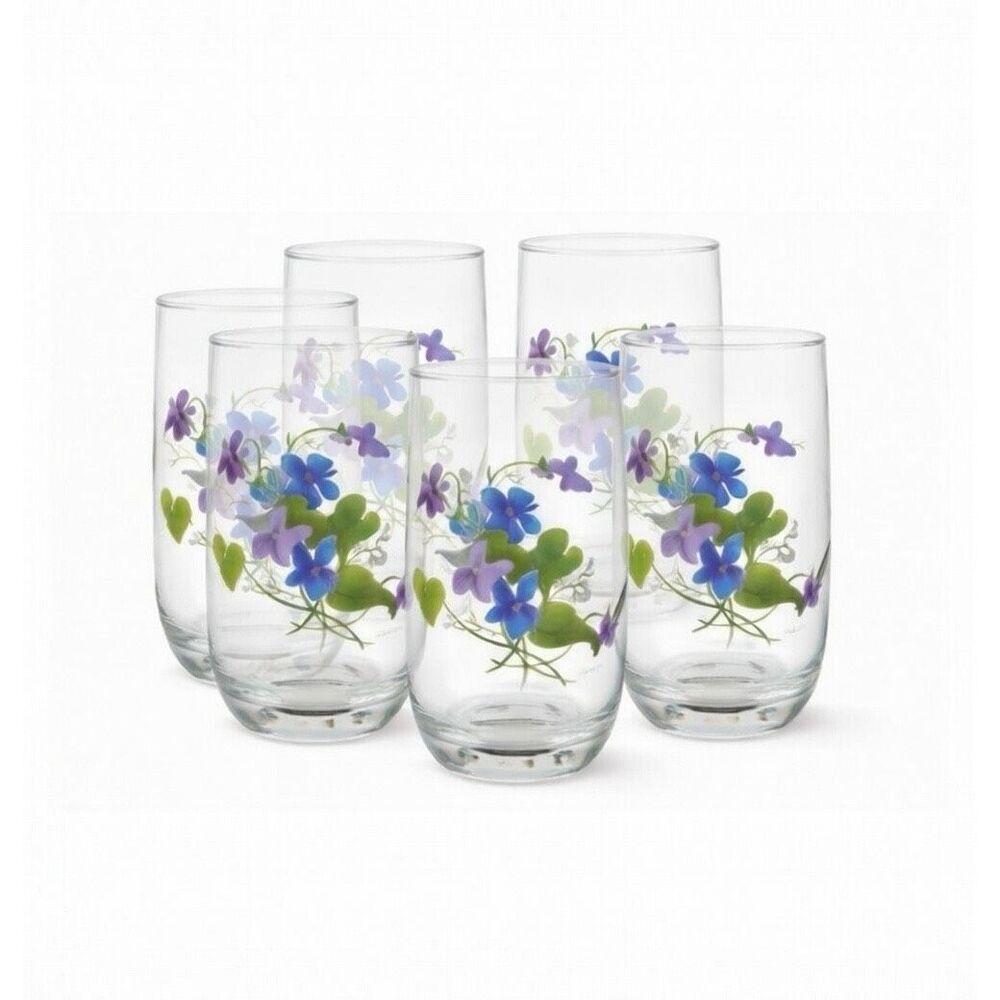 Floral Arcoroc France Glass Tumbler Signed by artist JWALSH set of 6